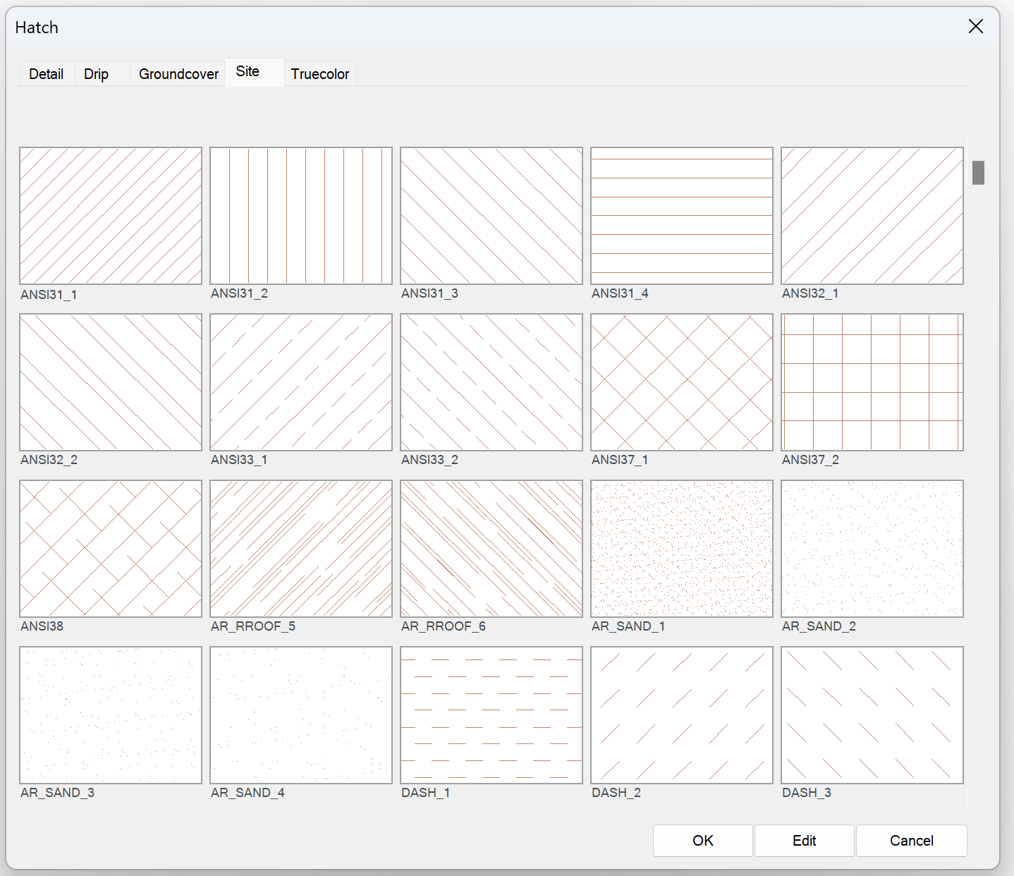 Old Hatch dialog box showing Site hatch patterns